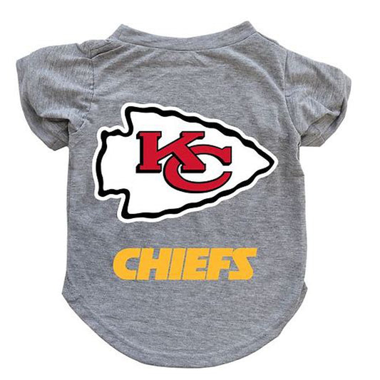Gray pet shirt with Kansas City Chiefs logo on a white background