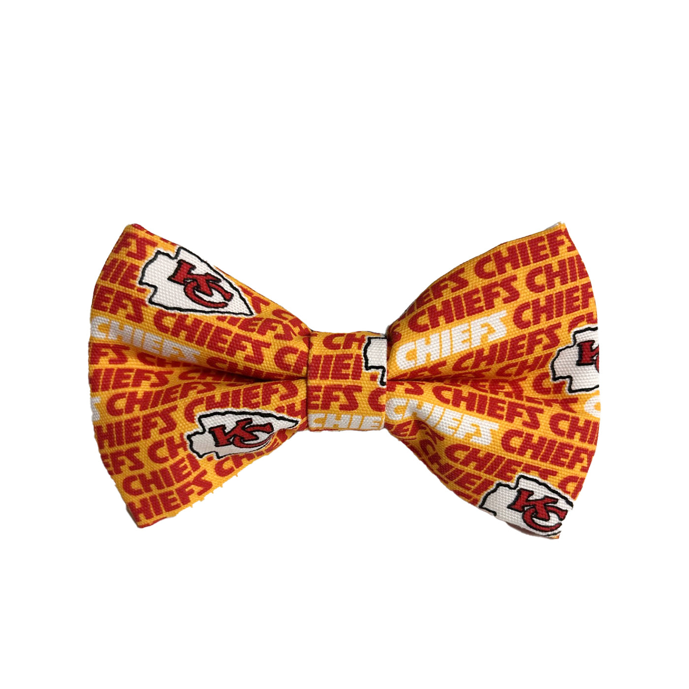Kansas City Chiefs attachable Bowtie.  Yellow background with red and white Chiefs and Arrowhead emblems.