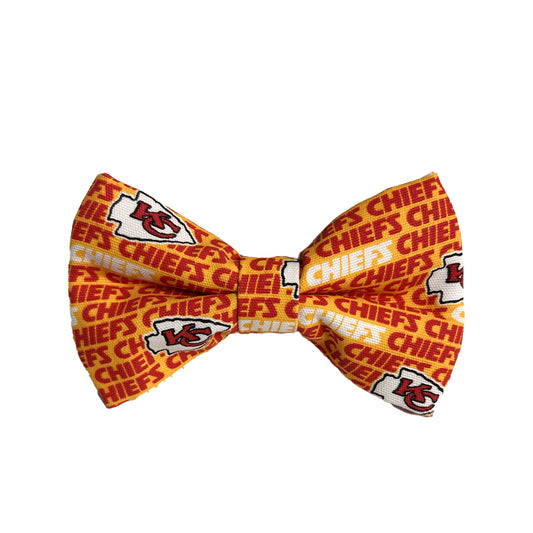 Kansas City Chiefs attachable Bowtie.  Yellow background with red and white Chiefs and Arrowhead emblems.