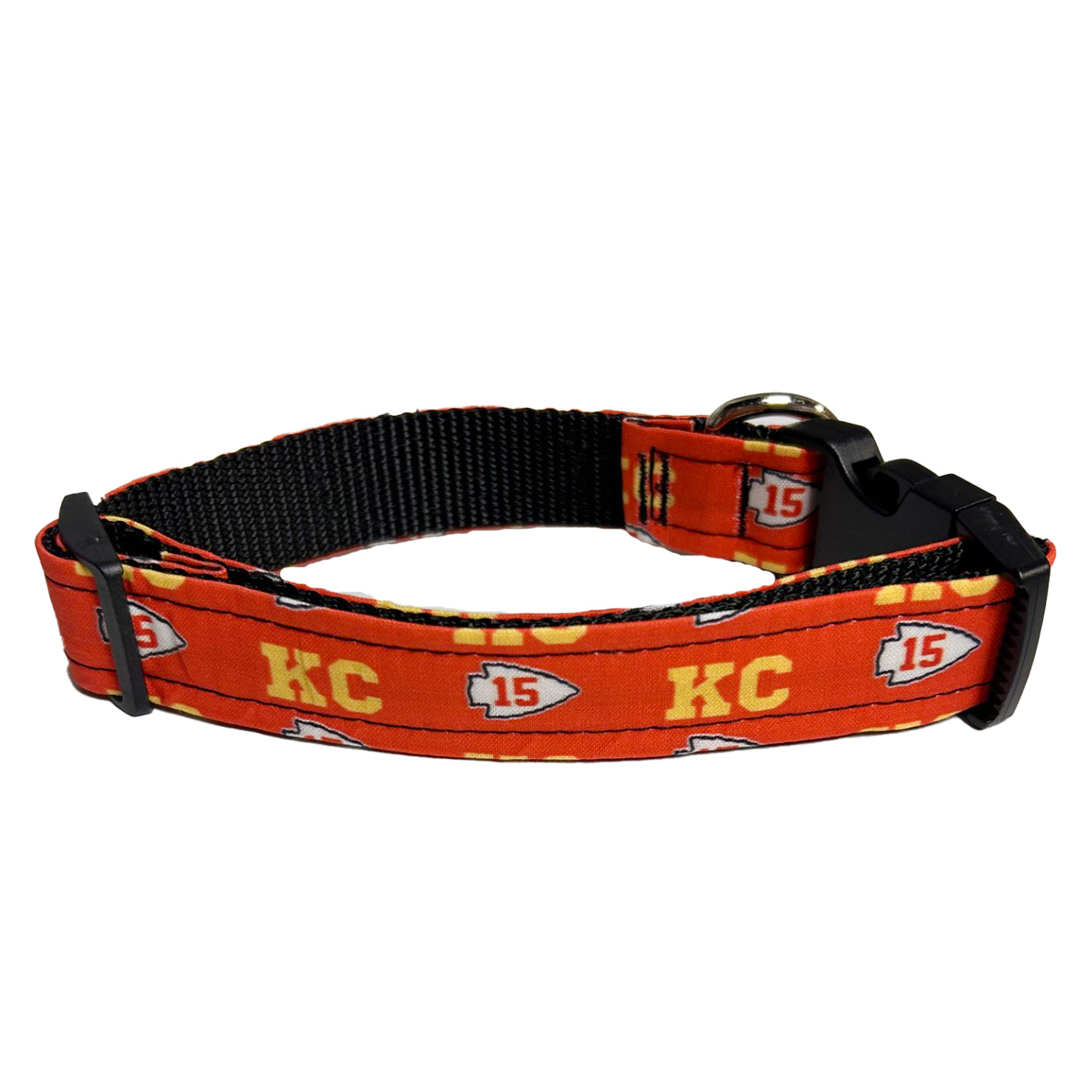 Dog collar with 'KC' and number '15' pattern on an reddish/orange background