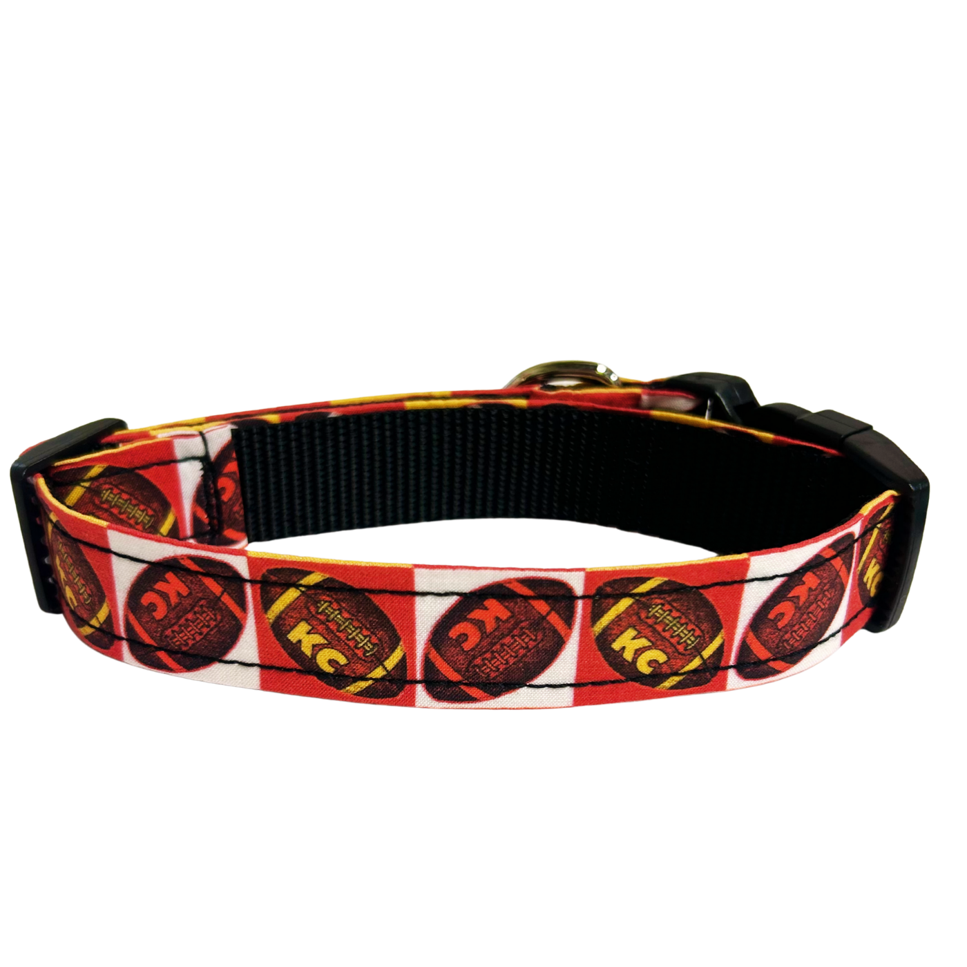Cotton with nylon backed KC Chiefs football collar.  Red and White squares with footballs in each.