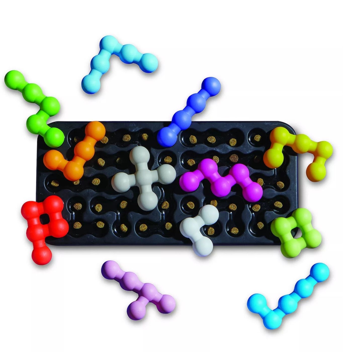 Colorful molecular model set on a black base with a white background