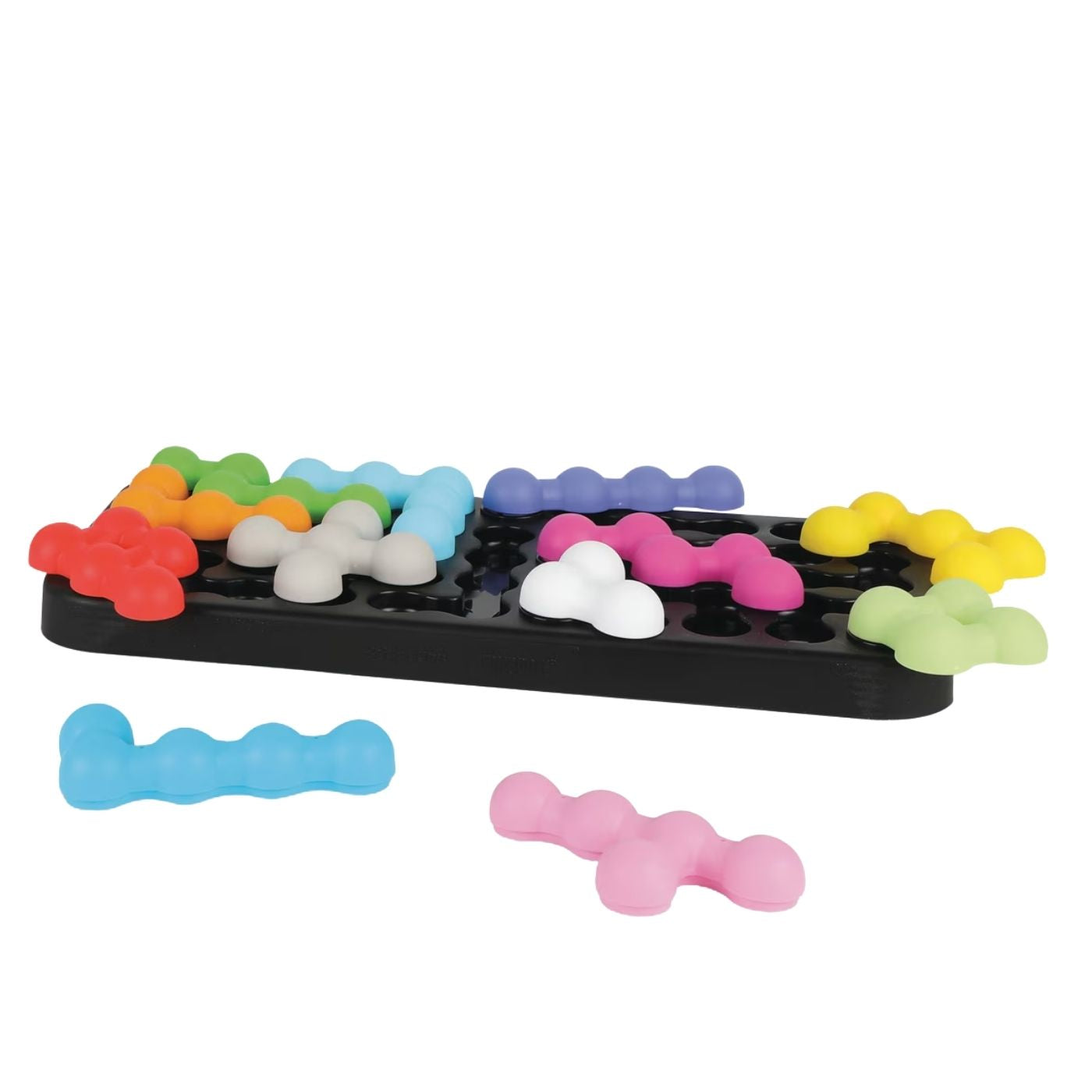 Colorful dog toy with various shapes on a white background