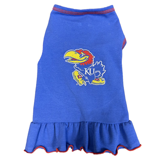 Blue Kansas Jayhawks pet dress with Jayhawk embroidered in center of dress.
