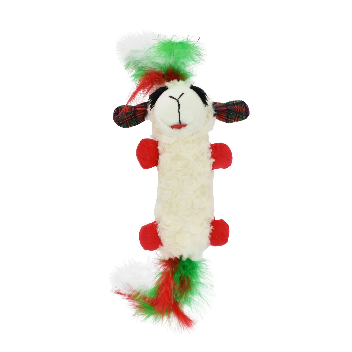 Fluffy Lambchop holiday cat toy with red and green feathers, red hands and tartan plaid ears filled with catnip