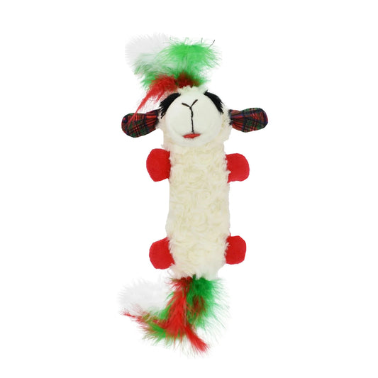 Fluffy Lambchop holiday cat toy with red and green feathers, red hands and tartan plaid ears filled with catnip
