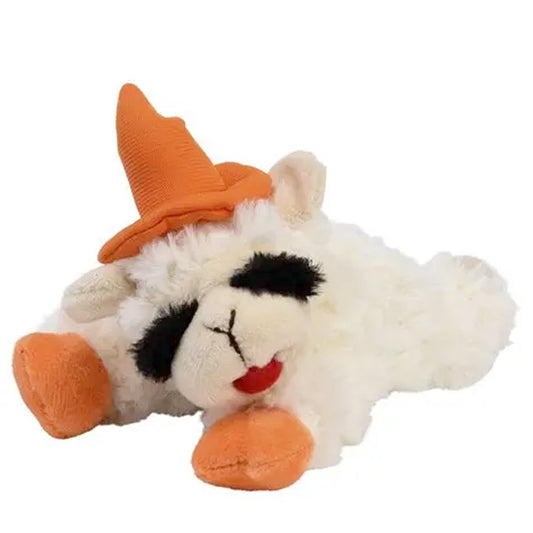 Plush pet toy resembling Lambchop with a festive orange witches hat and orange front paws.