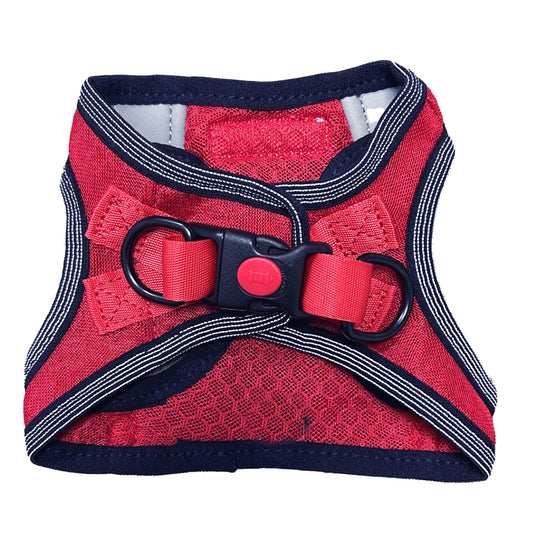 Baydog Liberty Step-In Harness in red mesh with stretchy straps with plastic buckle closure and metal d-rings.