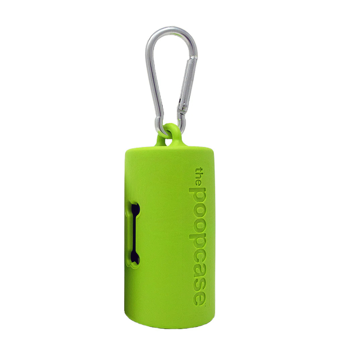 A bright lime green cylindrical pet poop bag holder with a silver carabiner clip, featuring the brand name 'the poopcase' embossed vertically on the side.