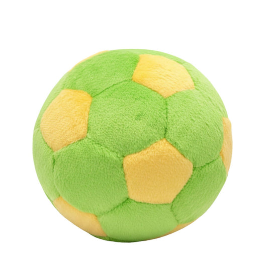 Green and yellow plush soccer ball on a white background