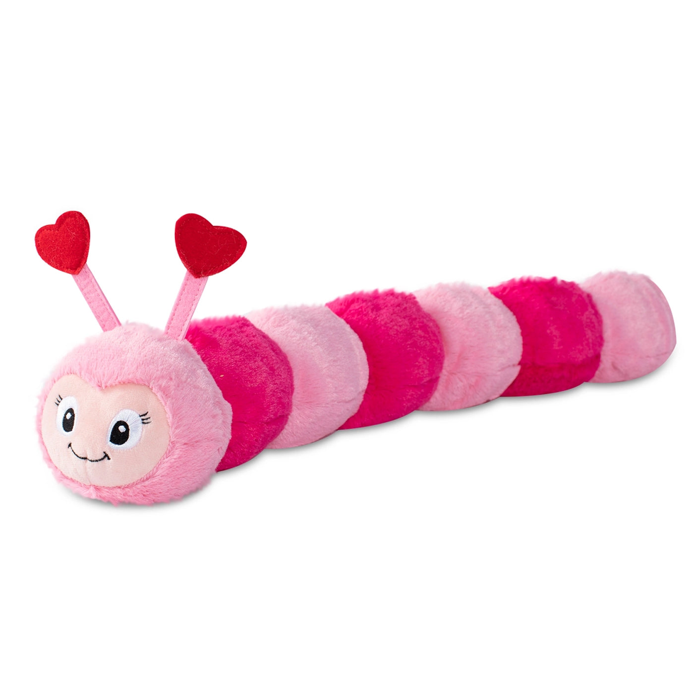 Plush toy caterpillar with pink and red stripes on a white background