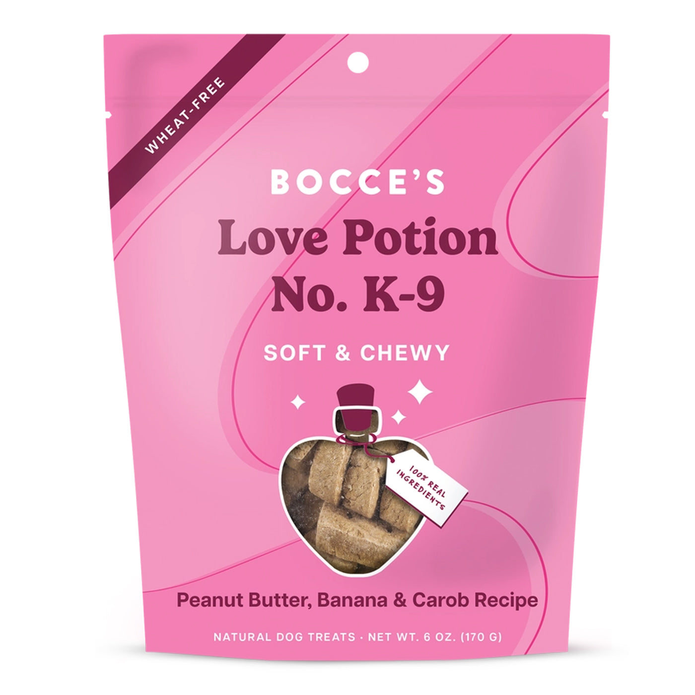 Pink package of Bocce's Love Potion No. K-9 dog treats on a white background