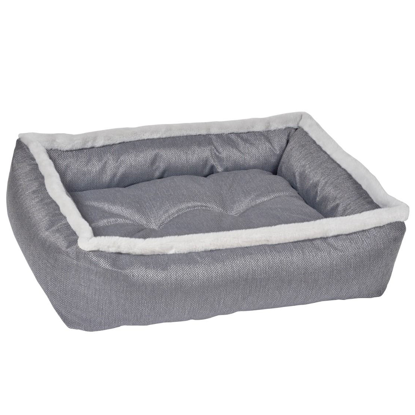 Bowser Pet Products Mayfair Lounger pet bed with tweed and silver exterior and light grey soft furry trim