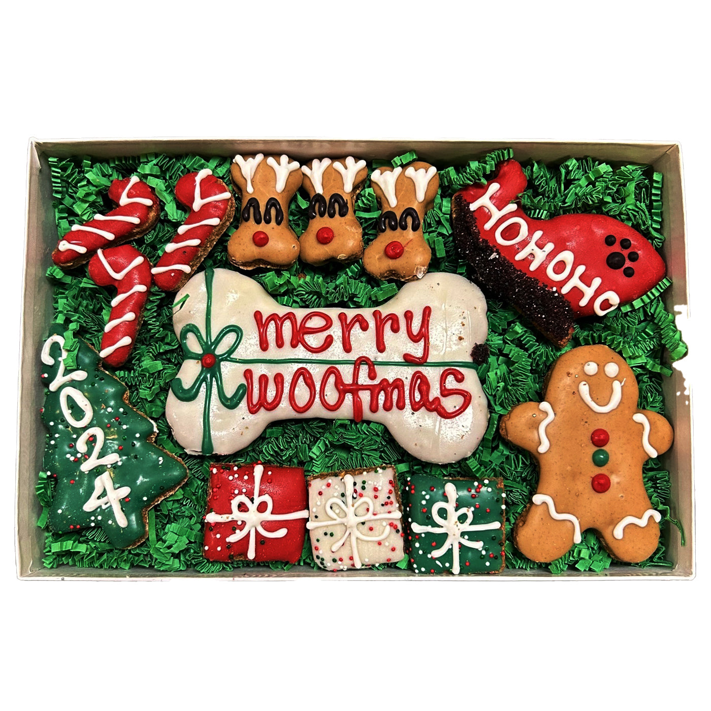 Merry Woofmas Bakery Box filled with gourmet pet biscuits. 