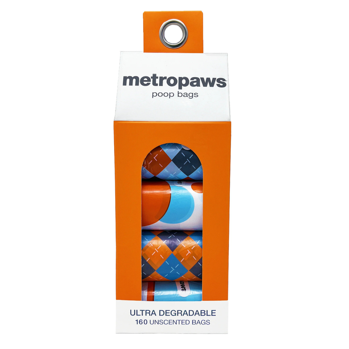 A package of Metropaws poop bags, featuring a white and orange cardboard box with a clear window showing three rolled bags with blue, orange, and white argyle patterns.