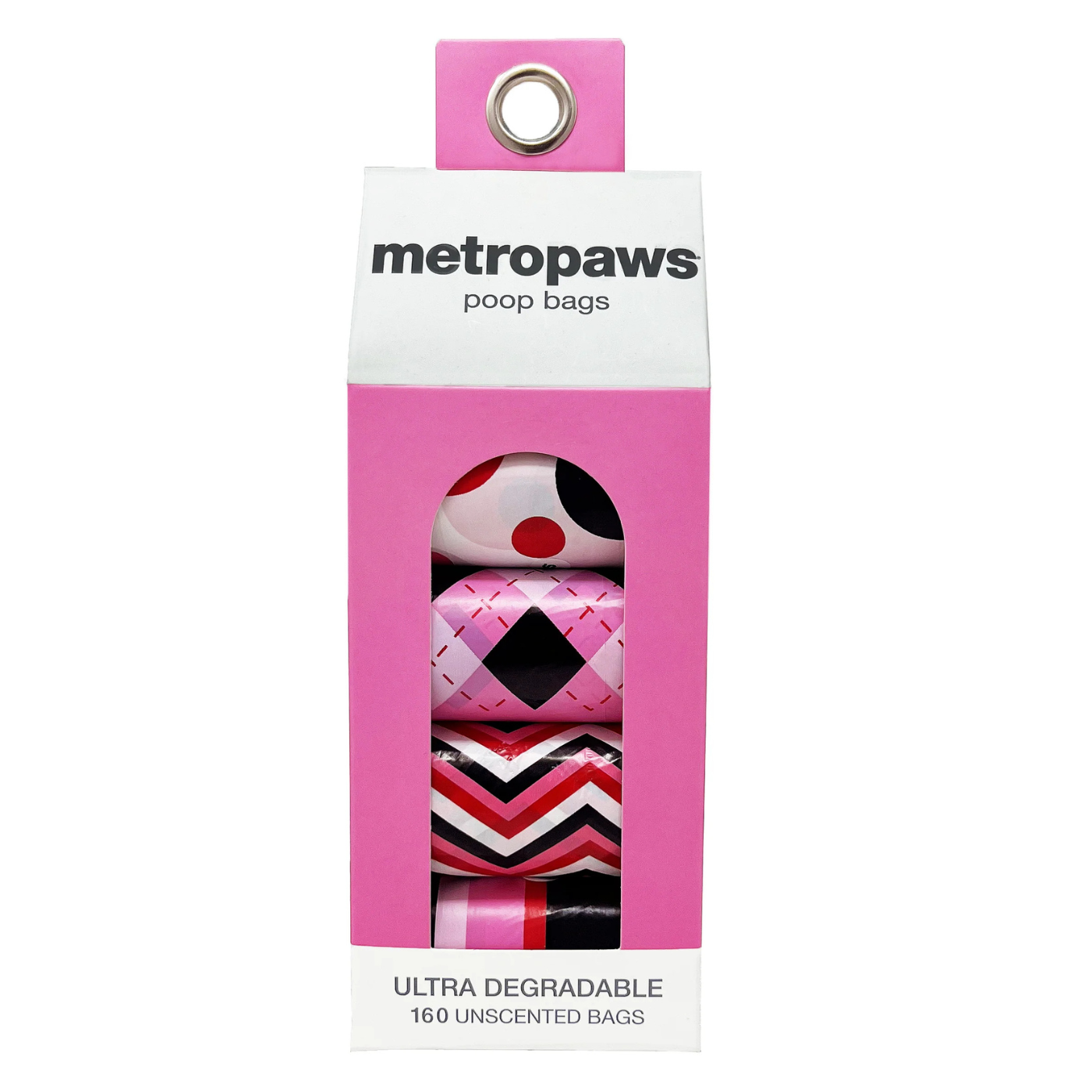 Metropaws poop bags in retail packaging, showing several rolled bags with pink, black, white, and red patterns visible through a clear window on a white background.