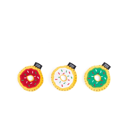 Min. Catnip festive holiday donut toys red, white and green with sprinkles