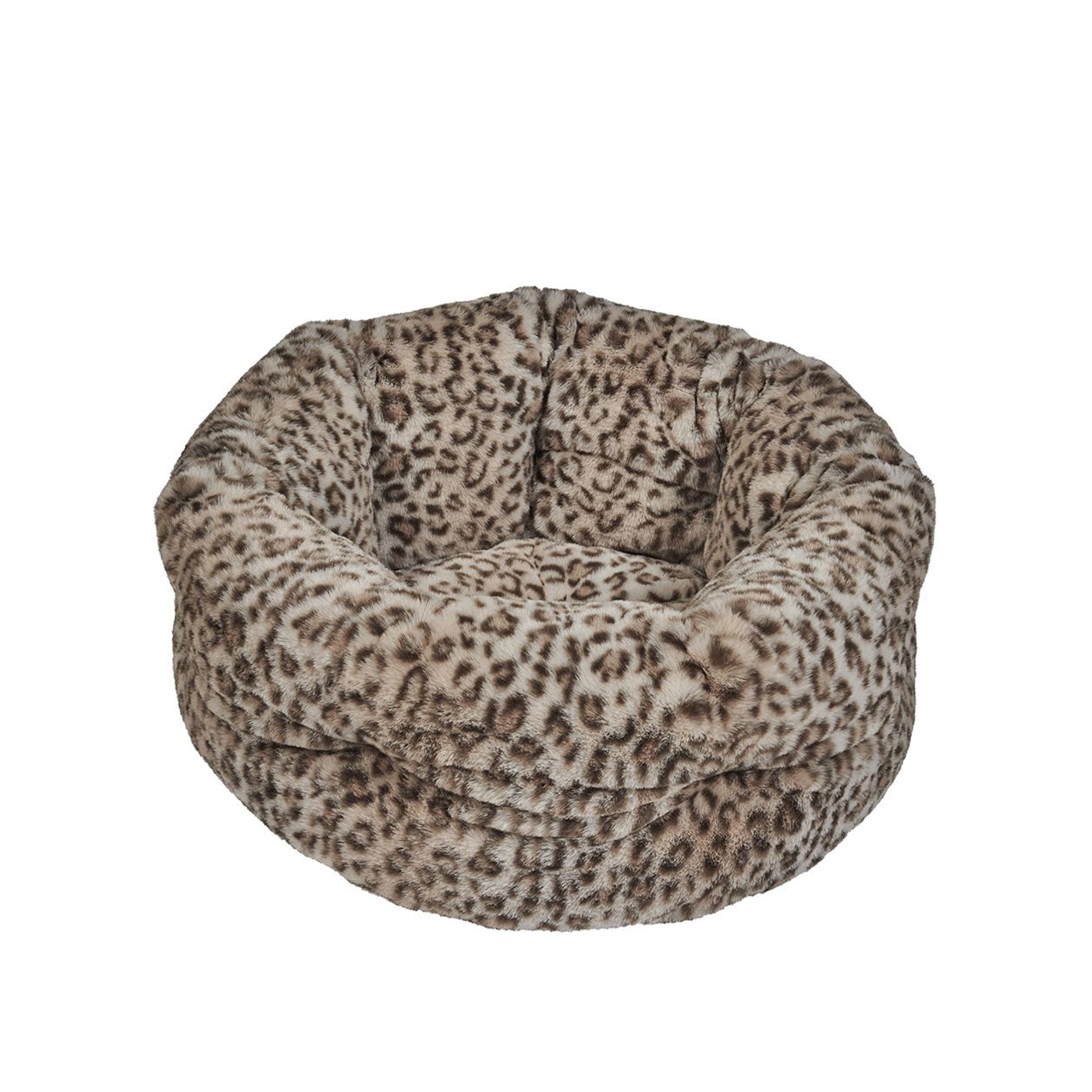 Round pet bed with leopard print pattern on a white background