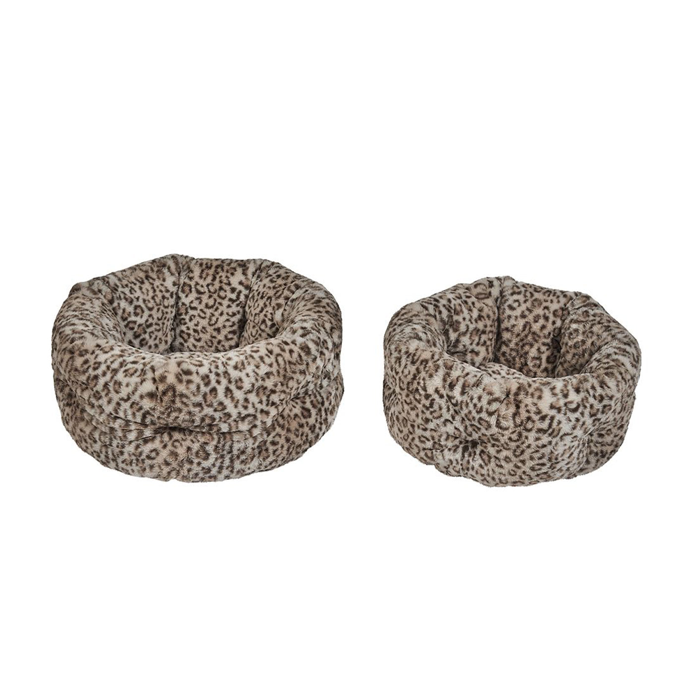 Two leopard print pet beds on a white background