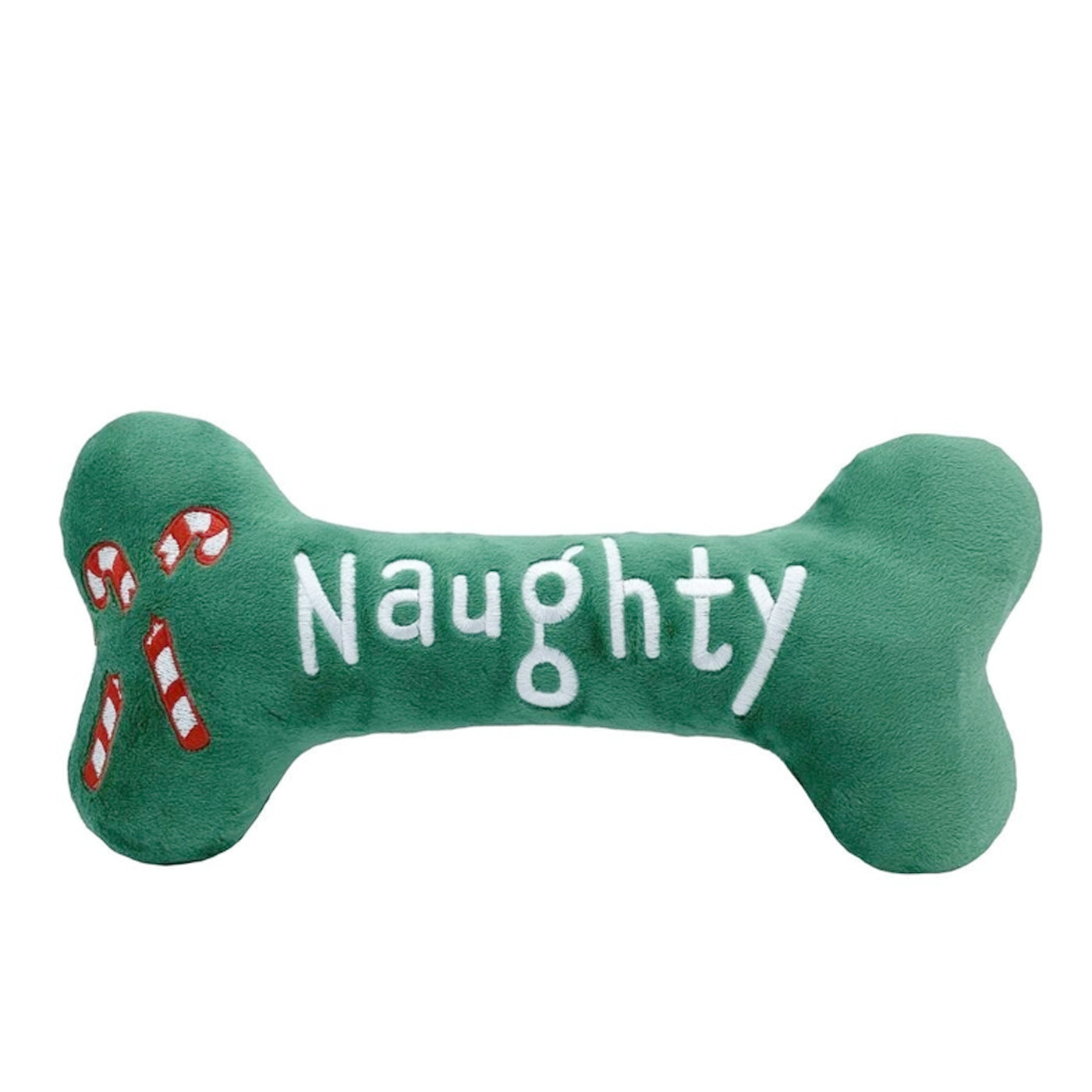 Huxley and Kent Naughty and Nice dog toy in a bone shape with embroidered candy canes.