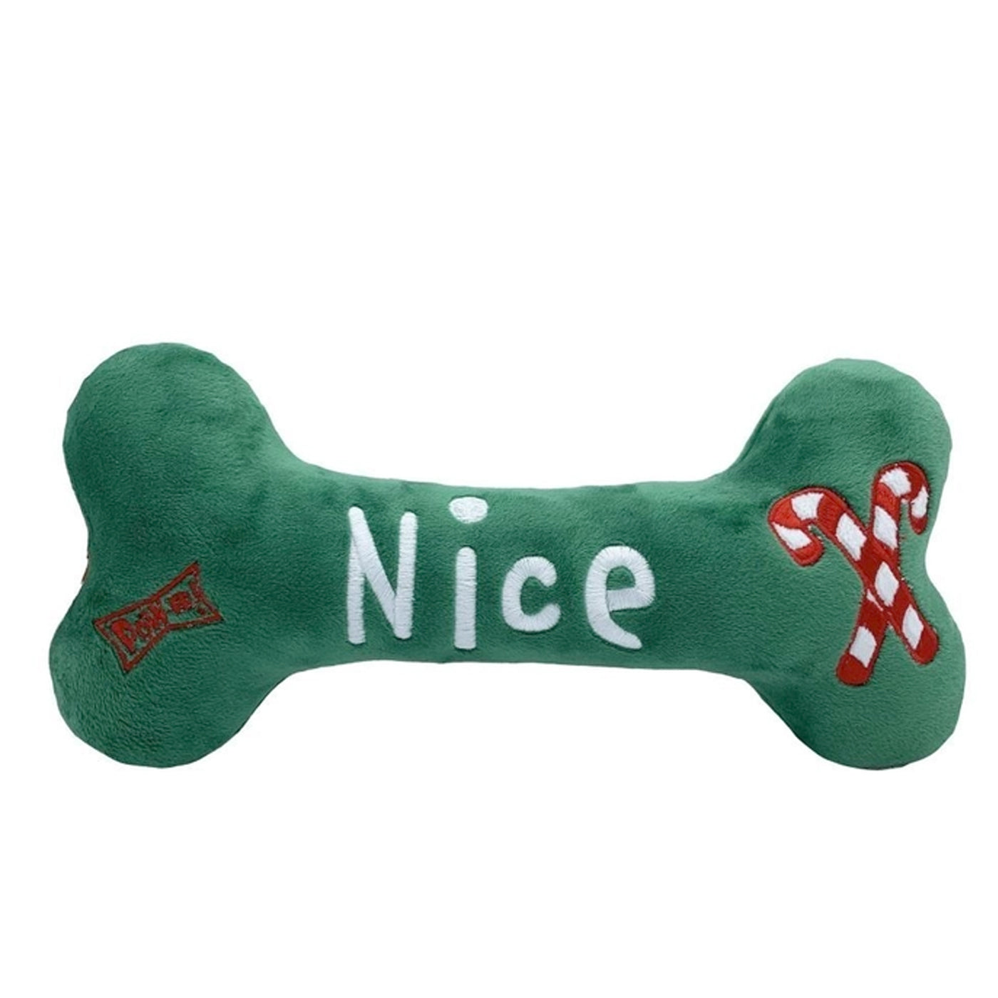 Huxley and Kent Naughty and Nice dog toy in a bone shape with embroidered candy canes.