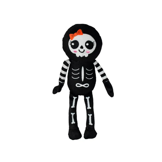 Plush skeleton mini squeaker toy with red bow and dangle arms and legs.