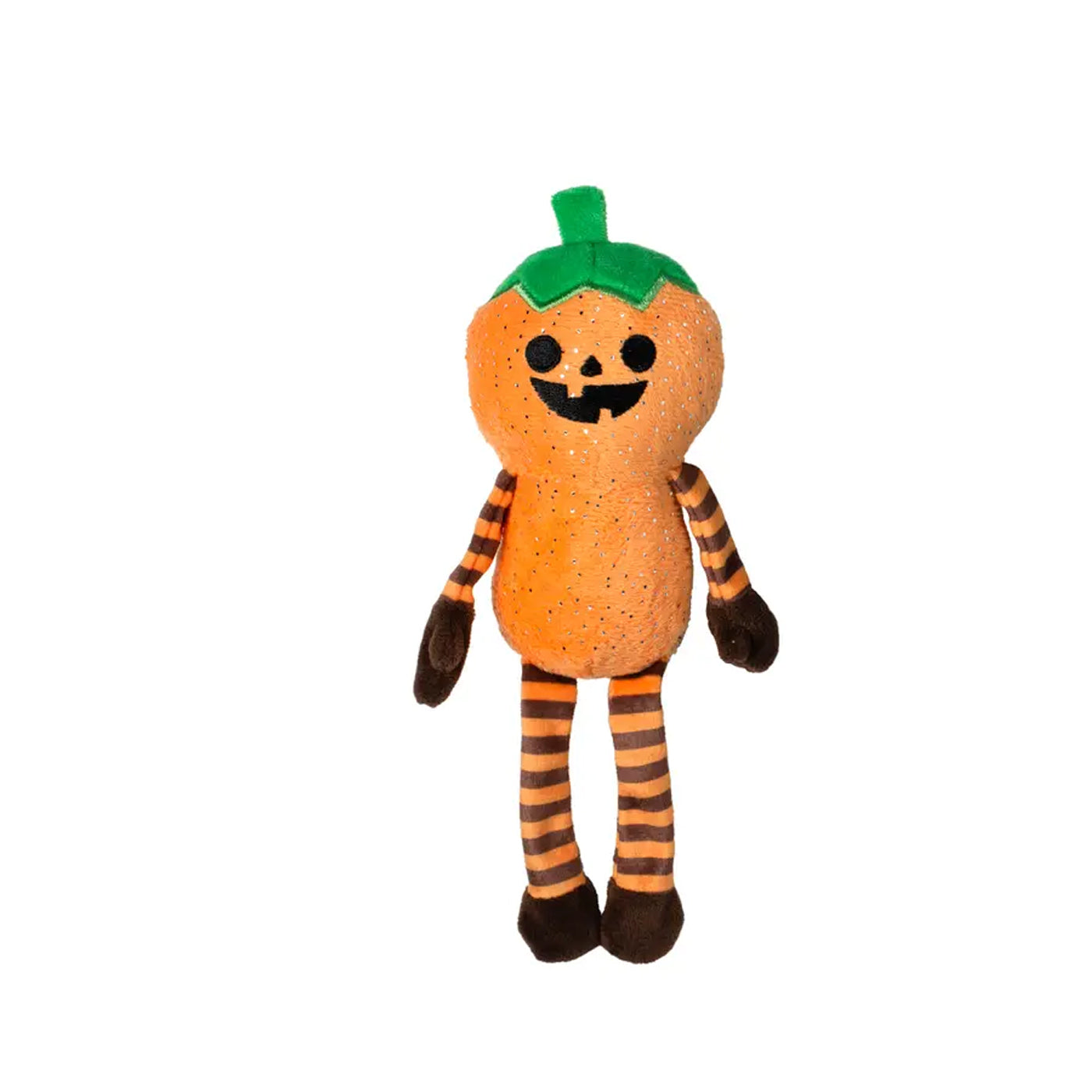 Plush pumpkin mini squeaker toy with dangle arms and legs.