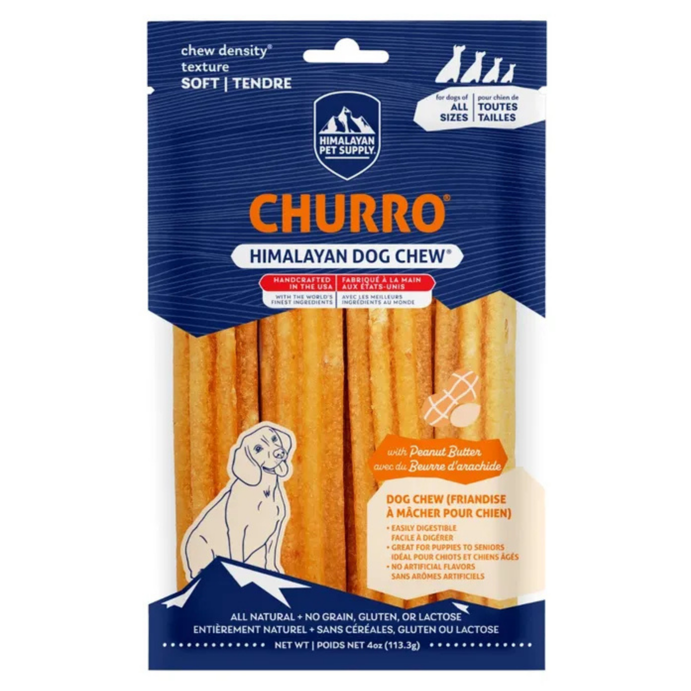 Peanut Butter dog Churro bones packaged in a 4oz blue bag with four treats inside.