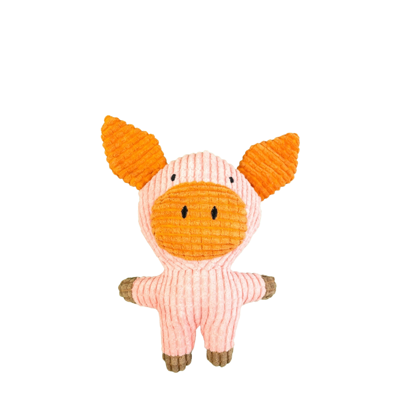 A plush pig toy made of pink and white striped corduroy fabric, featuring bright orange ears, snout, and hooves, and small black embroidered eyes and nose on a plain white background.