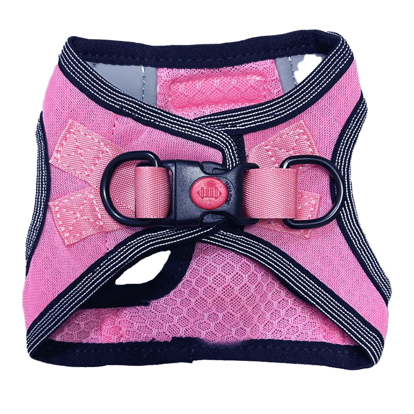 Baydog Liberty Step-In Harness in pink mesh with stretchy straps with plastic buckle closure and metal d-rings.