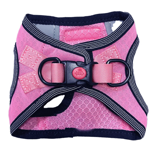 Baydog Liberty Step-In Harness in pink mesh with stretchy straps with plastic buckle closure and metal d-rings.