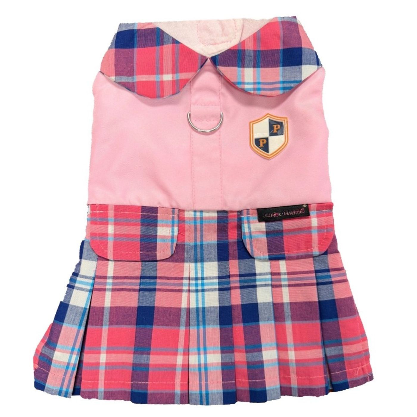 Pink and plaid dog dress with a collar on a white background