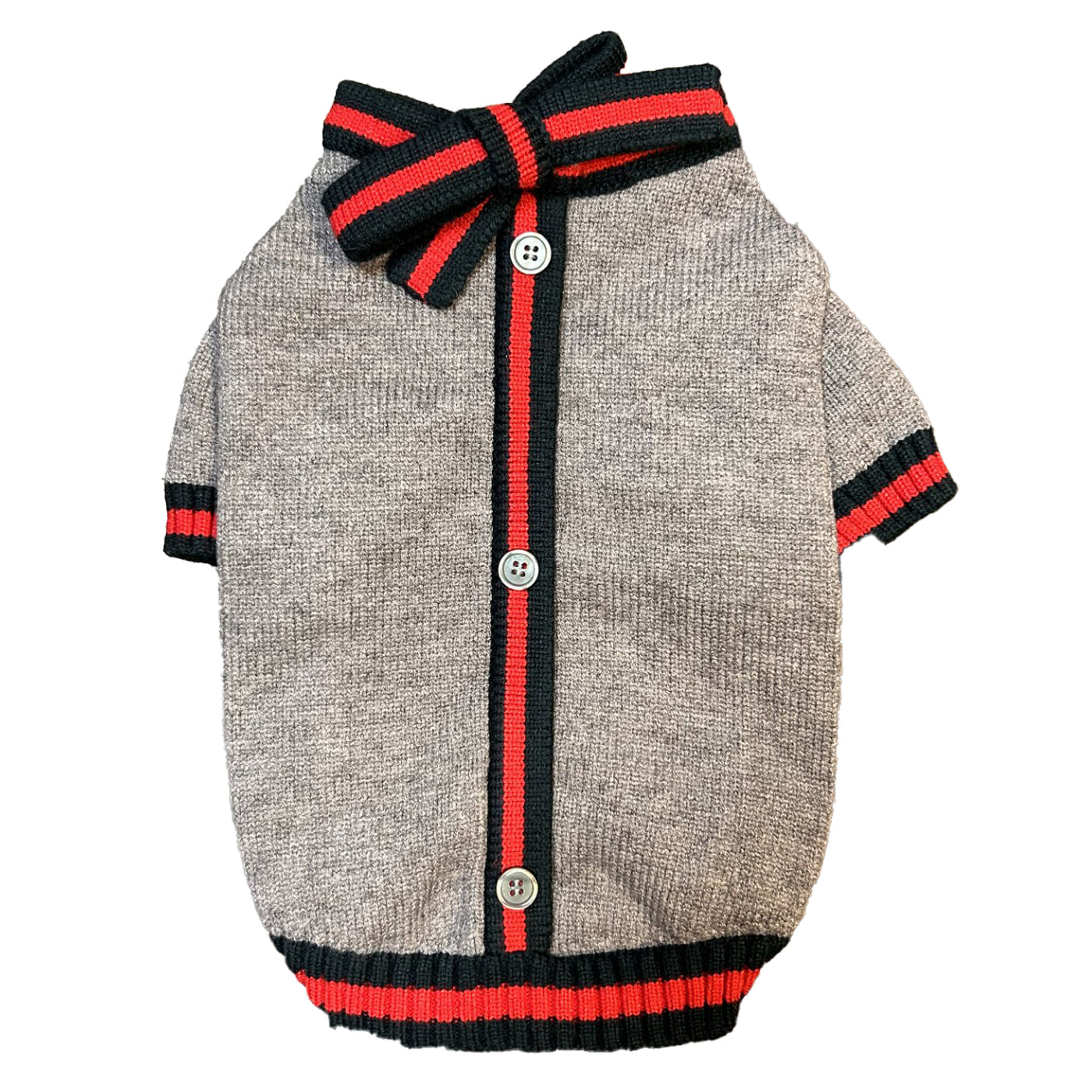 Finnegan and Co Pucci Tie Sweater for pets.  Navy, Red striped bow cardigan with gray sweater