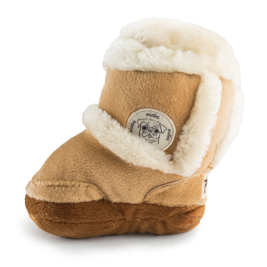 Haute DIggity Dog Pugg Dog Boot Toy with Tan plush and fuzzy trim.