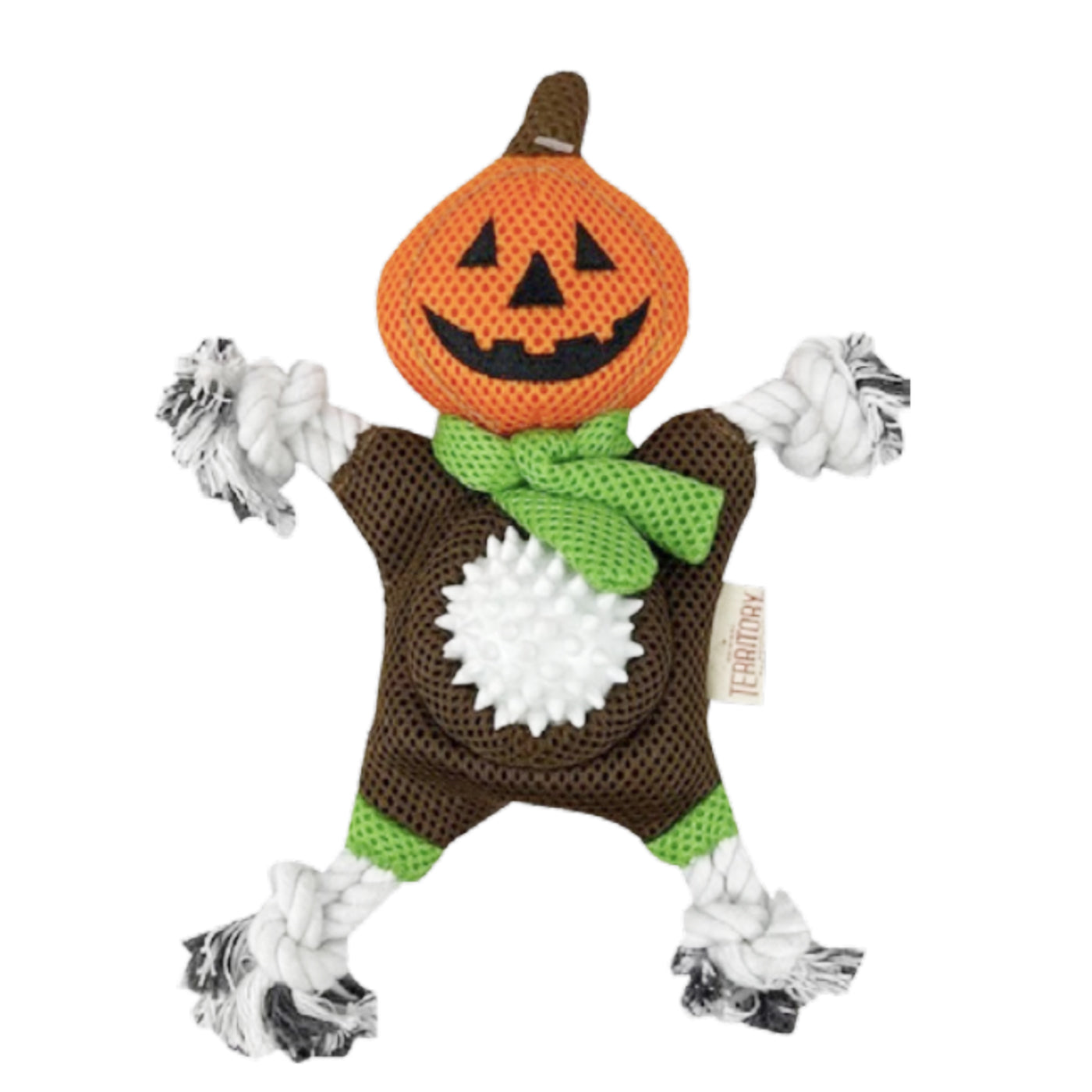 Two in one fun, mesh Pumpkin Man pet toy with rubber spikey ball for tummy and rope arms and legs.