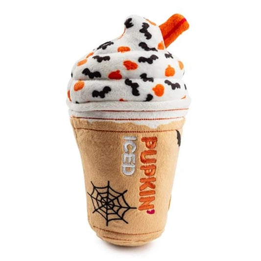 Halloween Themed Plush pumpkin iced late with spider webs and bats decor includes squeaker and crinkle
