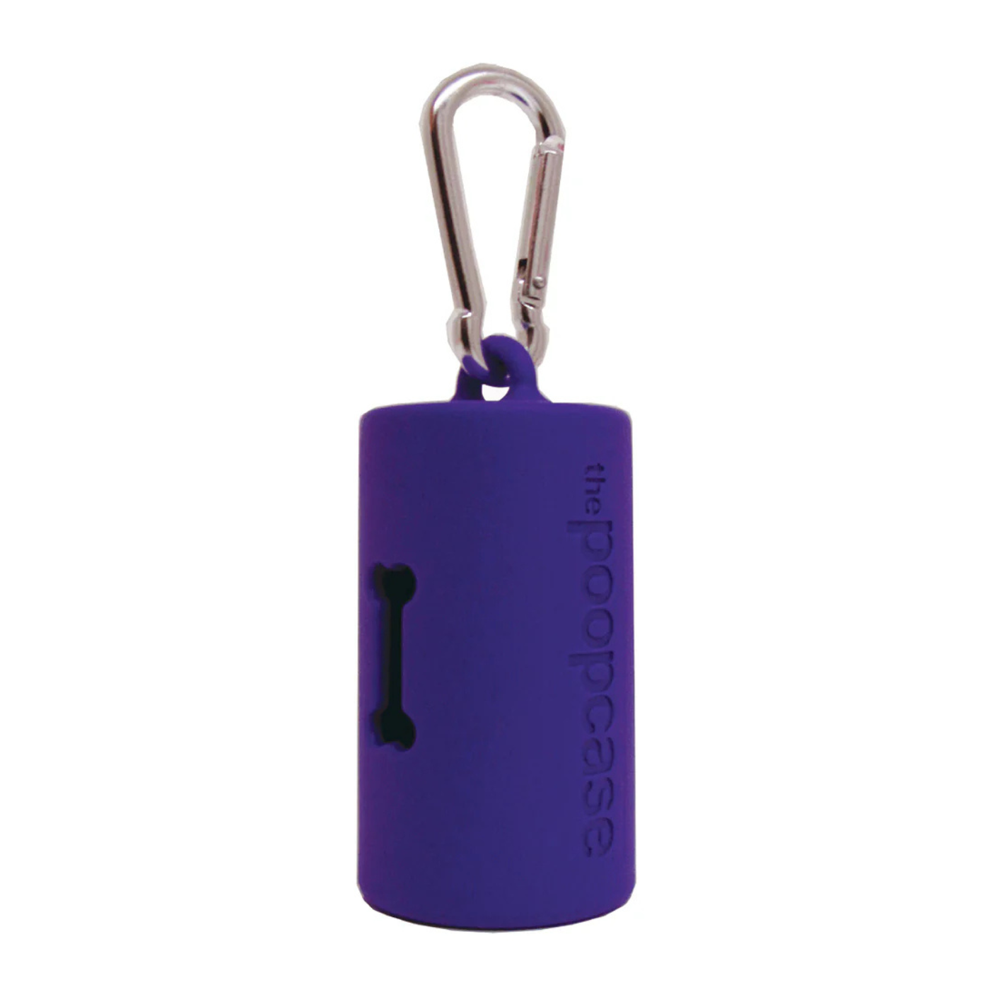 A purple cylindrical dog poop bag holder with a silver carabiner clip, featuring a bone-shaped cutout and vertical 'the poopcase' branding.