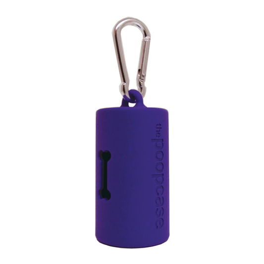 A purple cylindrical dog poop bag holder with a silver carabiner clip, featuring a bone-shaped cutout and vertical 'the poopcase' branding.