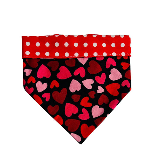 Red and Pink hearts on black background with red and white polka dots