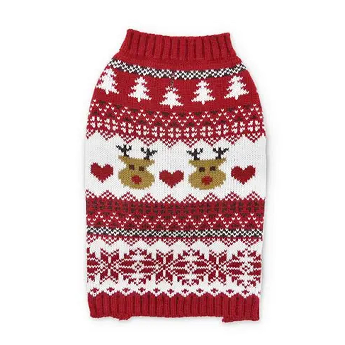 Red and white patterned dog sweater with reindeer and heart design on a white background