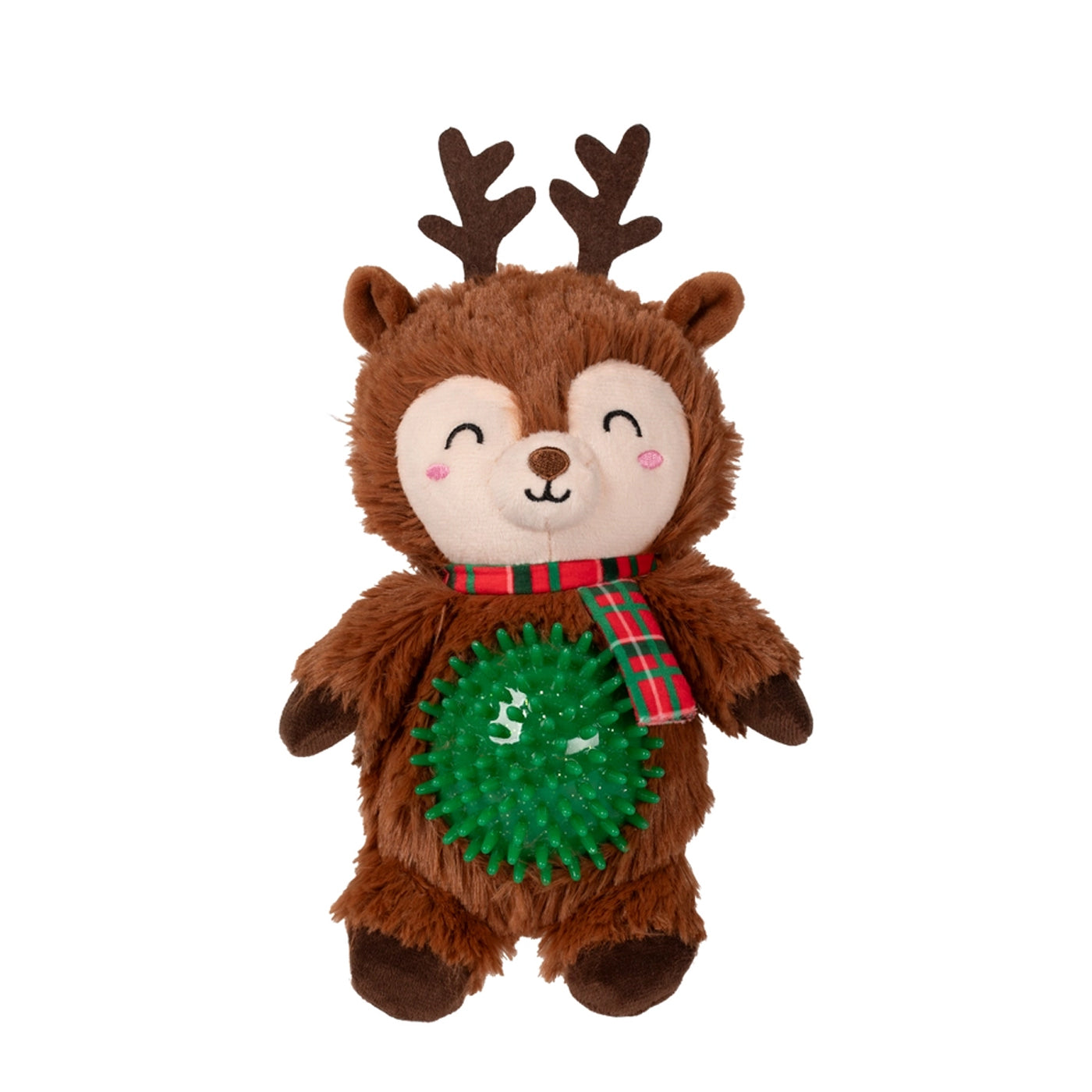 Plush reindeer stuffed pet toy with rubber ball in side.