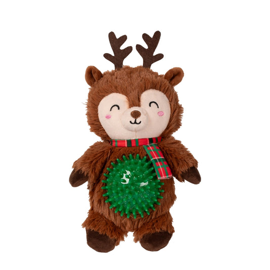 Plush reindeer stuffed pet toy with rubber ball in side.