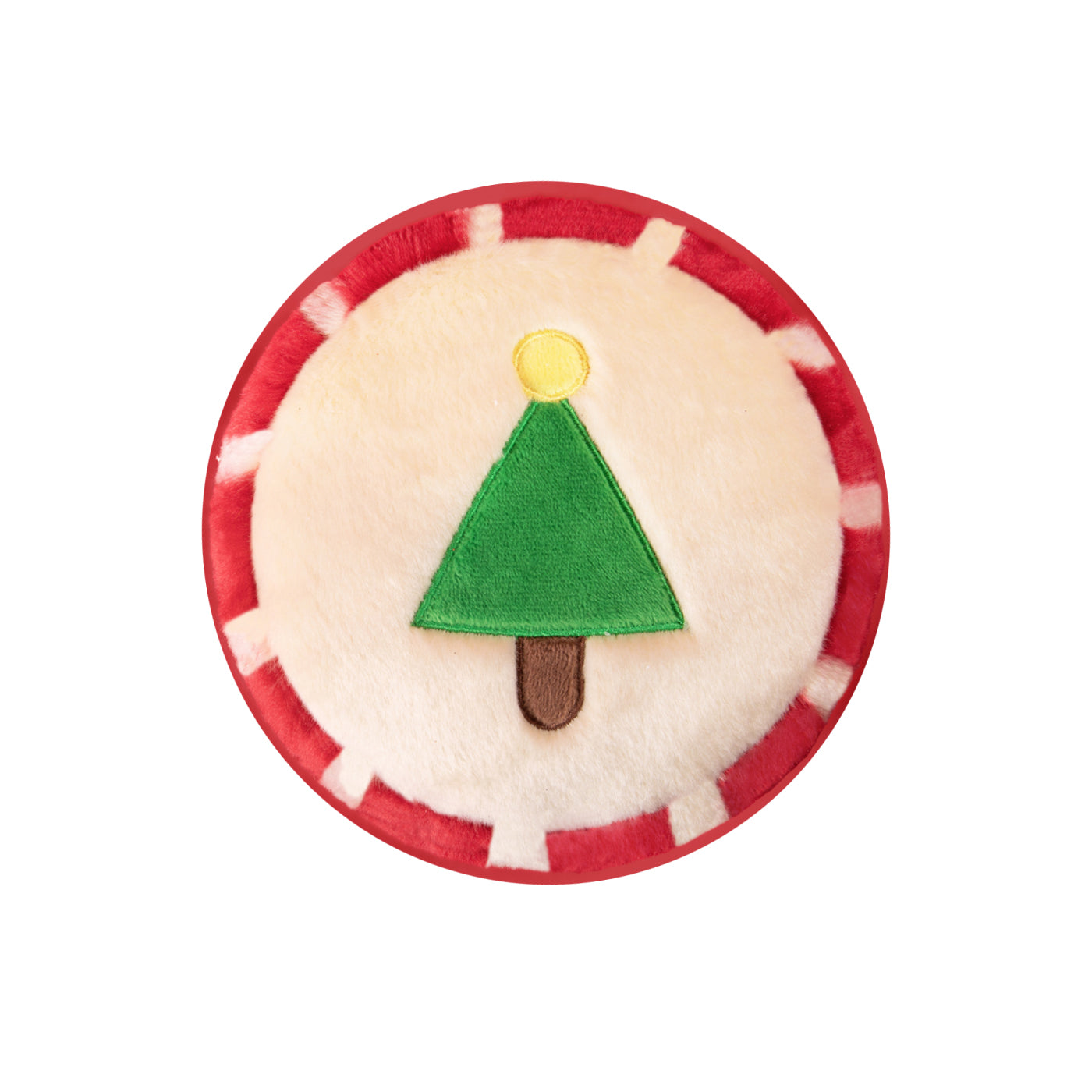 Round red and white object with a green triangle and yellow circle on a white background