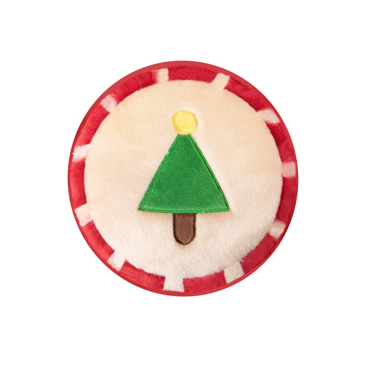 Round red and white object with a green triangle and yellow circle on a white background