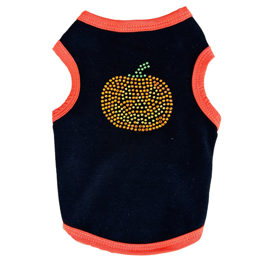 Rhinestone Jack-o-lantern on black and orange trimmed tank top  for dogs