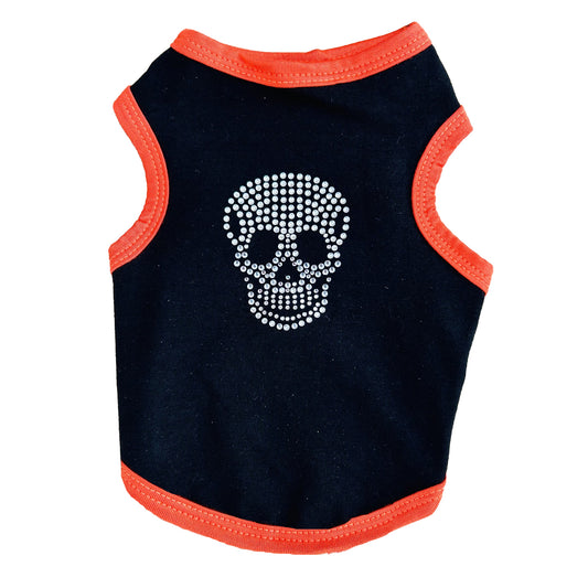 Rhinestone skull face on black tank with orange trim for pets