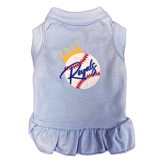 Light blue pet dress with 'Royals' logo featuring a baseball and crown on a white background