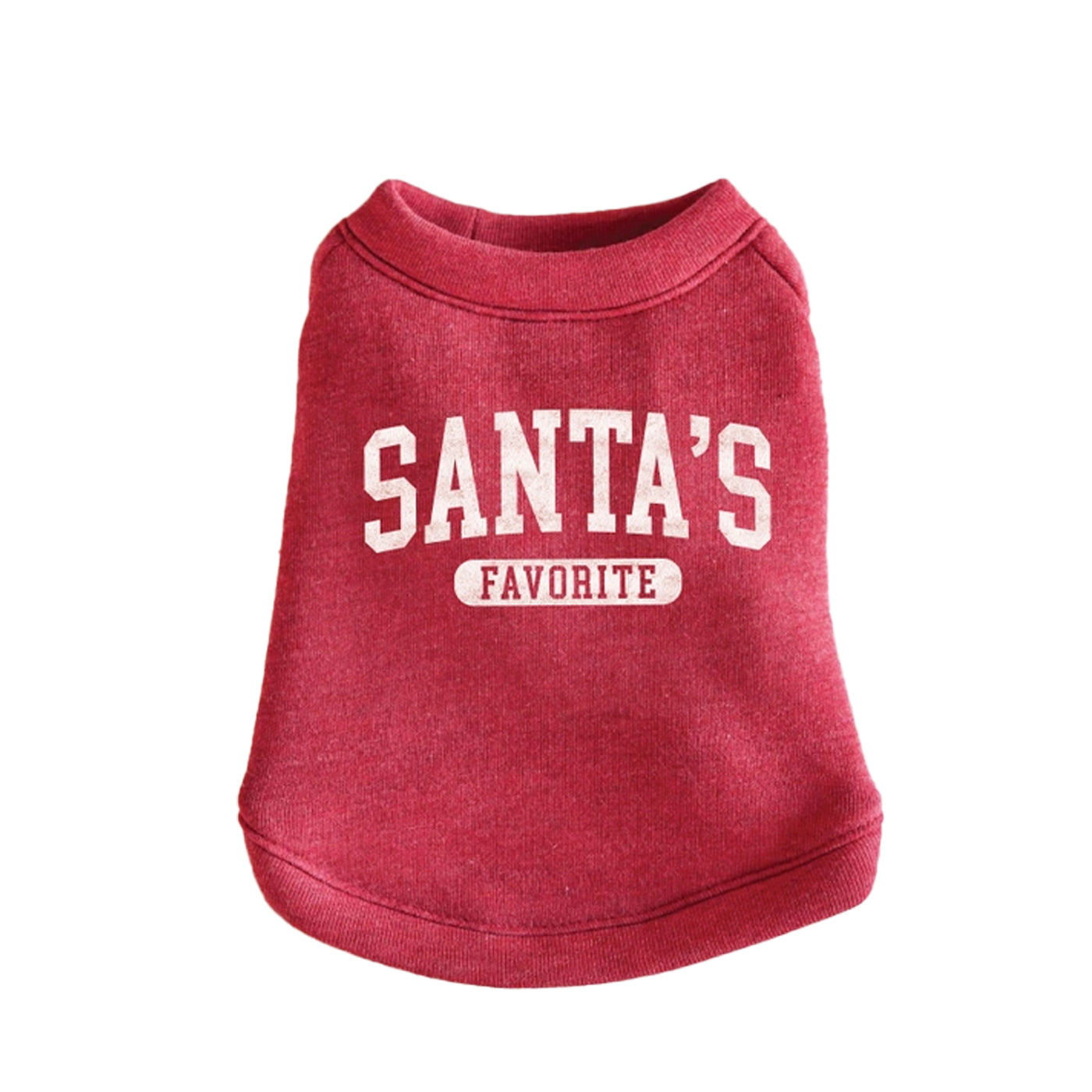 Red pet sweater with 'Santa's Favorite' text on a white background