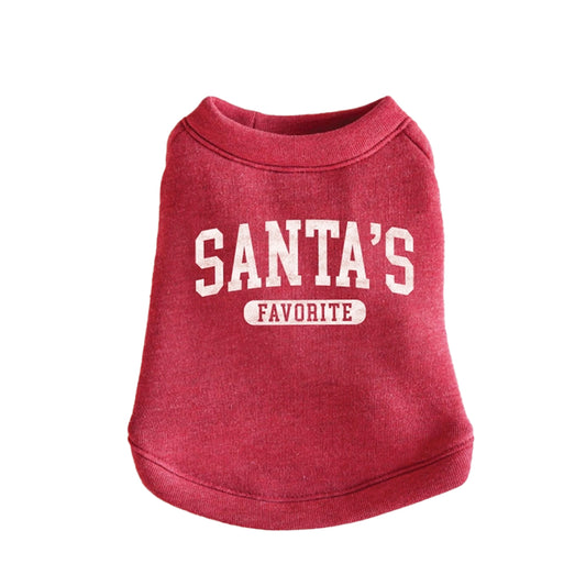 Red pet sweater with 'Santa's Favorite' text on a white background