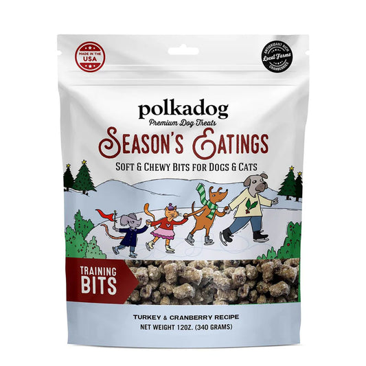 Polkadog Bakery Season's Eatings turkey and cranberry flavored dog training bites in festive packaging